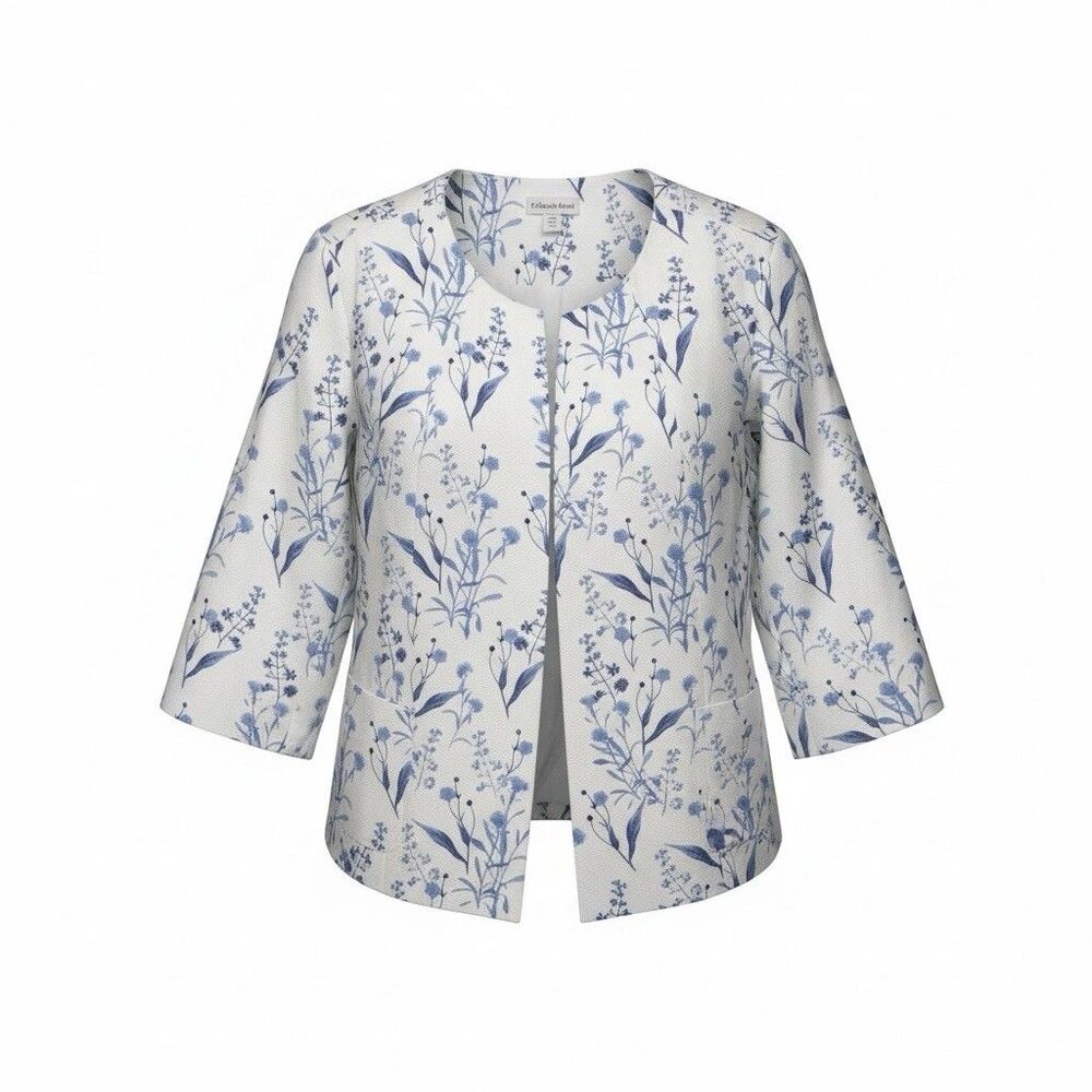 Coldwater Creek White Blue Textured Floral Collarless Blazer Jacket Size 24/2X